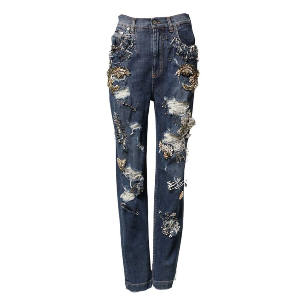 Dolce & Gabbana Blue Cotton Rhinestone Embellish Denim Women's Jeans